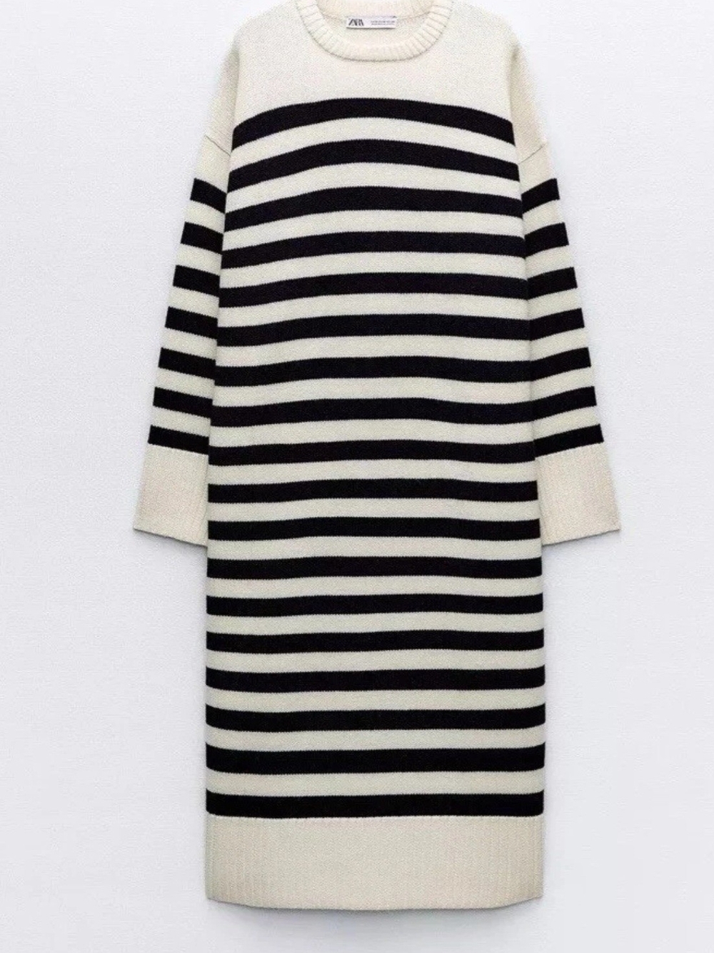 ZARA Black and Cream Long-Sleeve Striped Knit Dress
